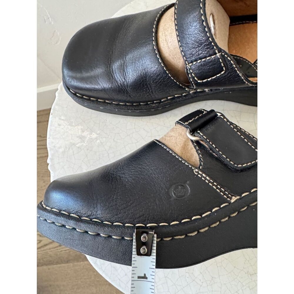 Born Y2K Black Leather Slip-On Clogs Wedge with Tan Stitching Accent Size 7 GUC - Picture 11 of 12